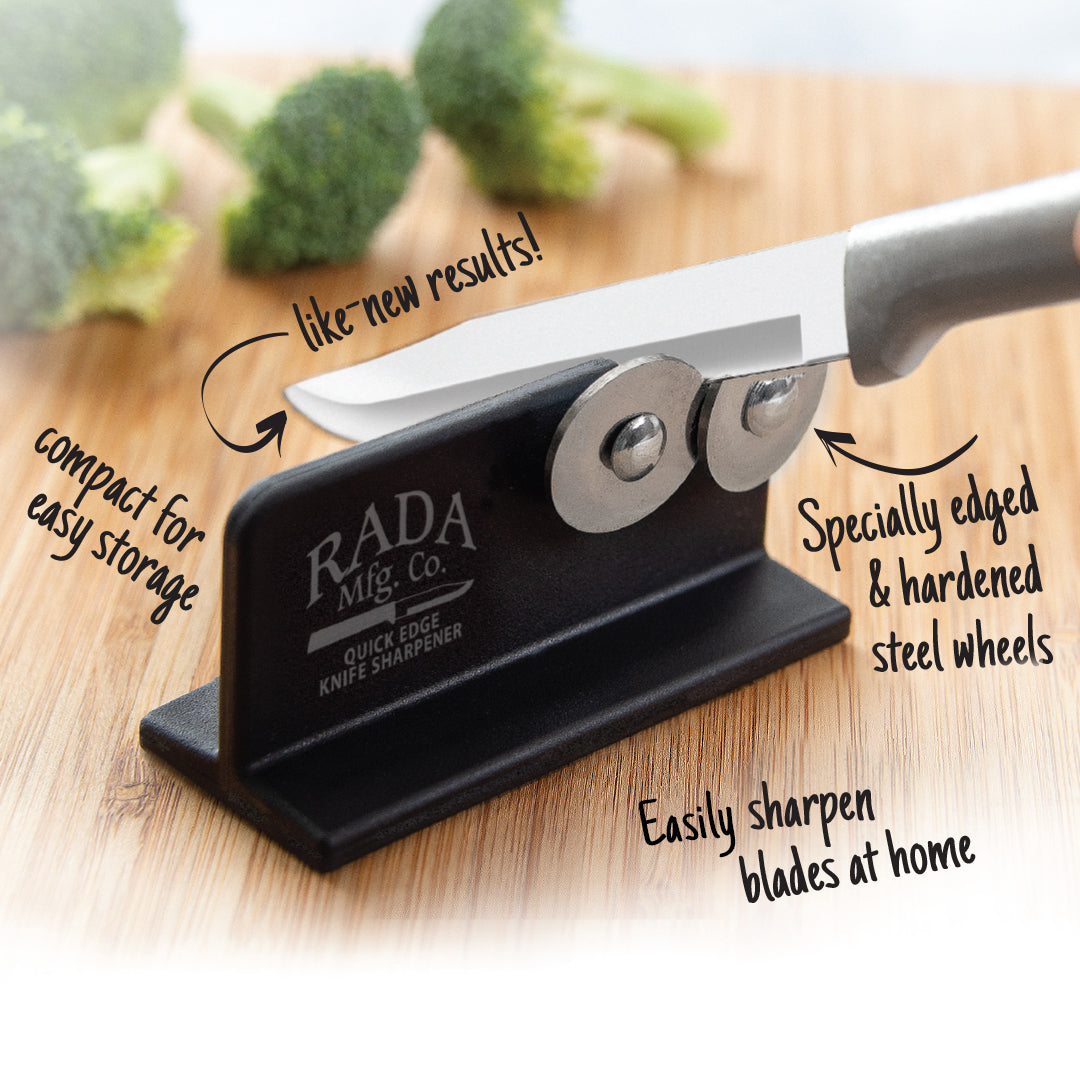 Compact knife sharpener with reinforced nylon base and specially edged steel wheels, designed for easy home use, handcrafted and made in USA, ideal for kitchen, food prep, and sharpening collections.