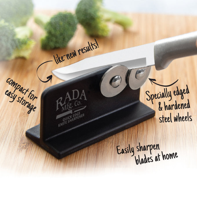 Compact knife sharpener with reinforced nylon base and specially edged steel wheels, designed for easy home use, handcrafted and made in USA, ideal for kitchen, food prep, and sharpening collections.