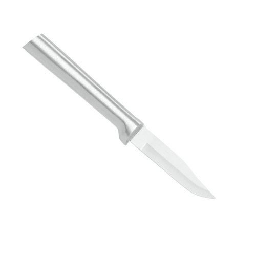 Sharp carbon stainless steel paring knife with durable cast aluminum handle featuring a non-slip satin finish, ideal for food prep in kitchen knives and USA made collections.
