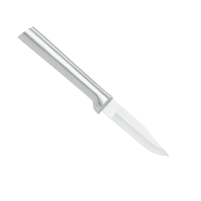 Sharp carbon stainless steel paring knife with durable cast aluminum handle featuring a non-slip satin finish, ideal for food prep in kitchen knives and USA made collections.