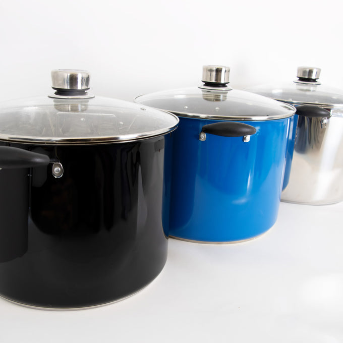 Three handcrafted water bath canners in black, blue, and stainless steel with glass lids and black handles, ideal for Kitchen & Food, Food Preservation, and Canning collections.