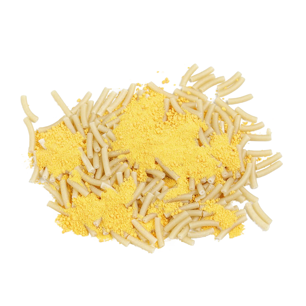 Uncooked macaroni noodles mixed with bright yellow cheese powder, ideal for long-term pantry storage and emergency food supplies in Kitchen & Food, Pantry, and USA Made collections.