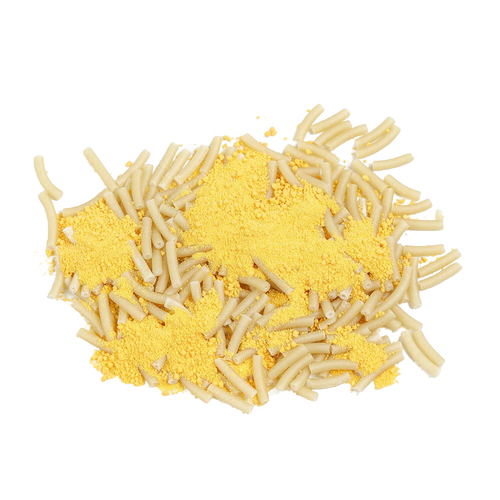 Uncooked macaroni noodles mixed with bright yellow cheese powder, ideal for long-term pantry storage and emergency food supplies in Kitchen & Food, Pantry, and USA Made collections.