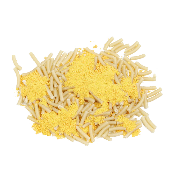 Uncooked macaroni noodles mixed with bright yellow cheese powder, ideal for long-term pantry storage and emergency food supplies in Kitchen & Food, Pantry, and USA Made collections.