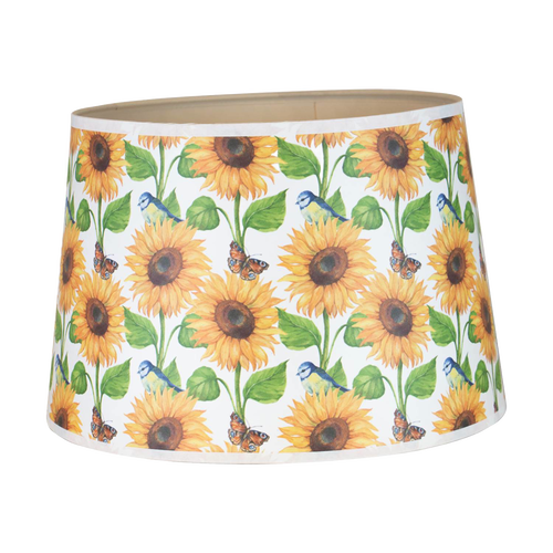 Parchment lamp shade decorated with vibrant sunflowers, green leaves, blue birds, and butterflies, crafted for Lamps & Lighting and Lamp Shades collections.