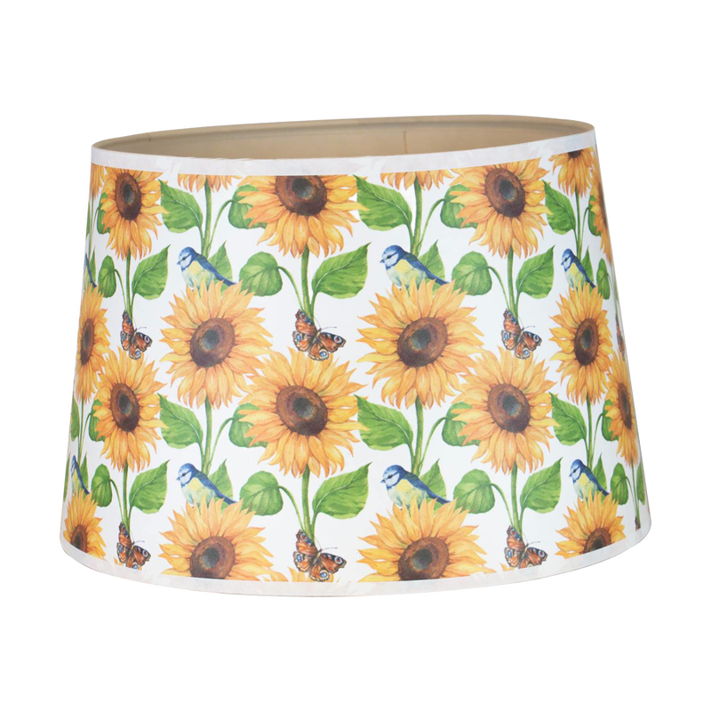 Parchment lamp shade decorated with vibrant sunflowers, green leaves, blue birds, and butterflies, crafted for Lamps & Lighting and Lamp Shades collections.