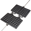 Open cast iron waffle iron with two square cooking plates featuring deep grids and long metal handles, designed for outdoor use in Farm, Garden & Tool and Camping collections.
