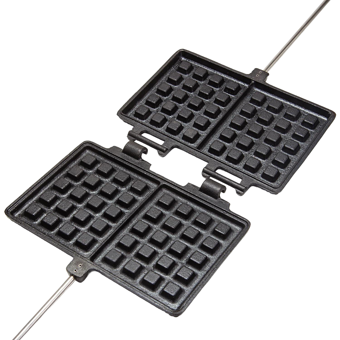 Open cast iron waffle iron with two square cooking plates featuring deep grids and long metal handles, designed for outdoor use in Farm, Garden & Tool and Camping collections.