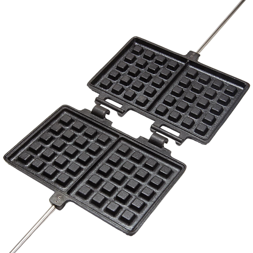 Open cast iron waffle iron with two square cooking plates featuring deep grids and long metal handles, designed for outdoor use in Farm, Garden & Tool and Camping collections.