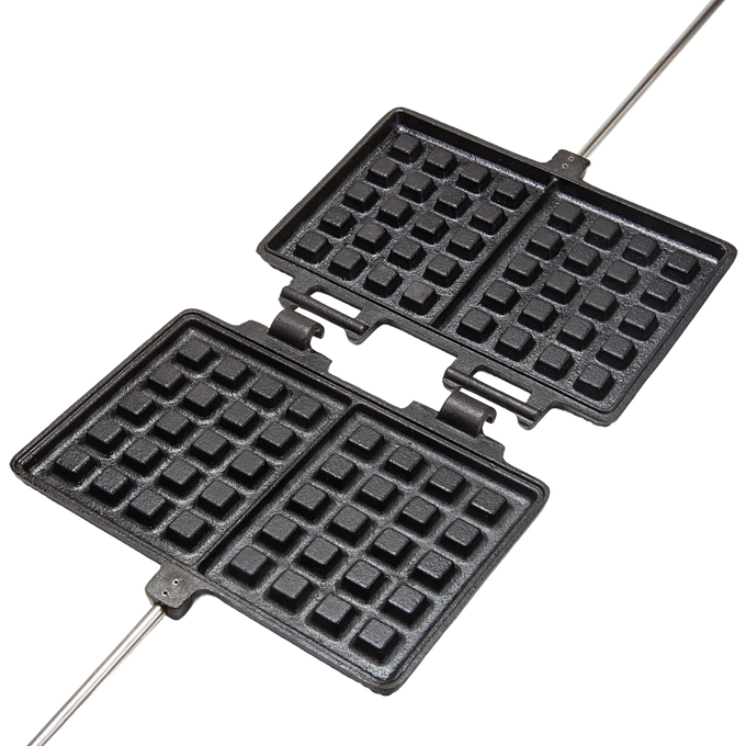 Open cast iron waffle iron with two square cooking plates featuring deep grids and long metal handles, designed for outdoor use in Farm, Garden & Tool and Camping collections.