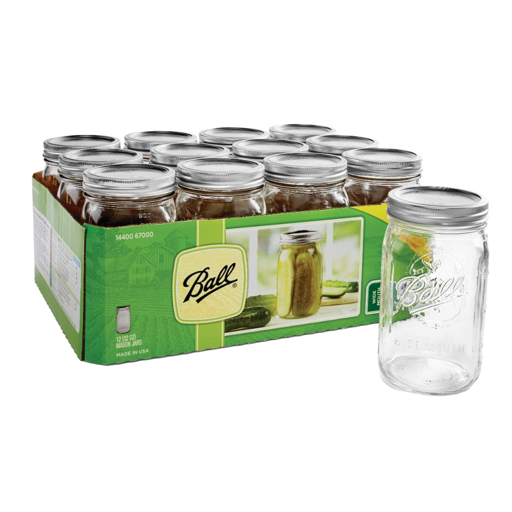 Pack of twelve clear wide-mouth quart glass jars with metal lids and bands, made in USA, ideal for Kitchen & Food, Food Preservation, Canning, and Best Sellers collections.