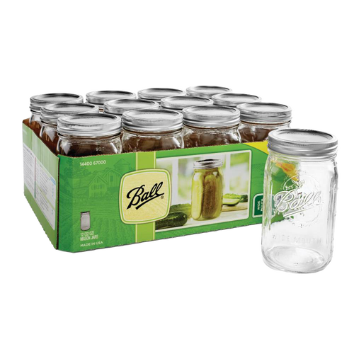 Pack of twelve clear wide-mouth quart glass jars with metal lids and bands, made in USA, ideal for Kitchen & Food, Food Preservation, Canning, and Best Sellers collections.
