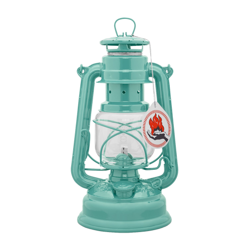 Handcrafted turquoise galvanized oil lantern with thermal heat-resistant SUPRAX globe, designed for lasting outdoor use in Lamps & Lighting, Camping, and Emergency Supplies collections.