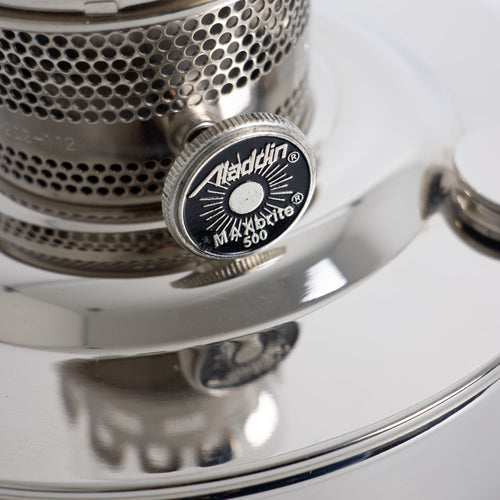 Close-up of a chrome-plated wall oil lamp burner knob with detailed engraving, showcasing craftsmanship and durability in Farm, Garden & Tool, Lamps & Lighting, and Emergency Supplies collections.