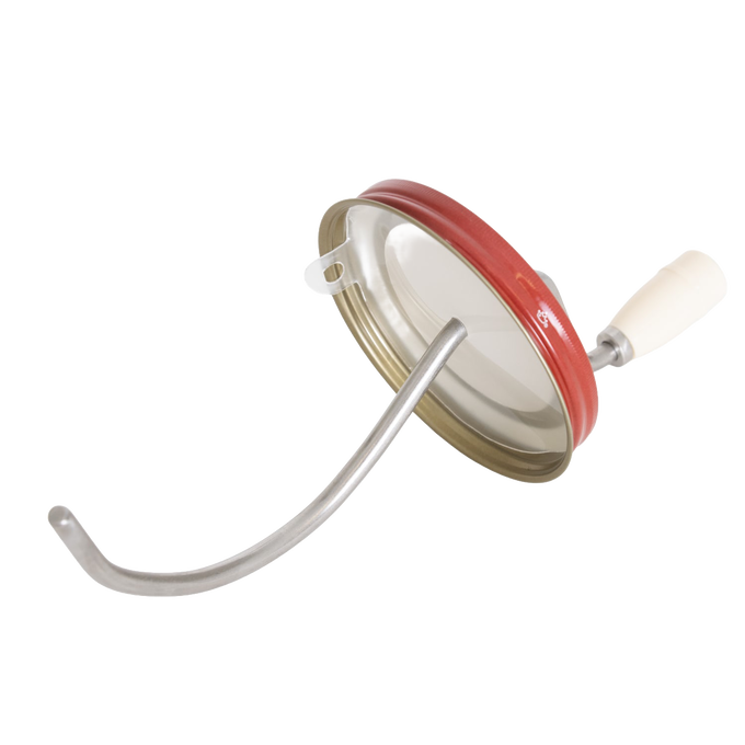 Old fashioned peanut butter stirrer with molded white handle and metal mixing blade attached to red lid, handcrafted in USA, ideal for Kitchen & Food, Food Prep, and Best Sellers collections.
