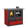 Cast iron wood cook stove with red majolica panels, panoramic ceramic glass fire door, and enamel steel oven, ideal for Stoves, Cookstoves, Best Sellers, and All Stoves & Appliances collections.