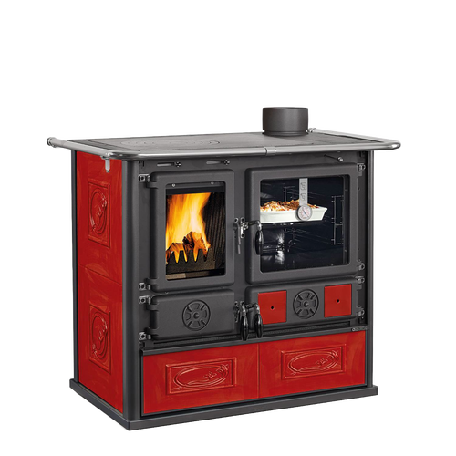 Cast iron wood cook stove with red majolica panels, panoramic ceramic glass fire door, and enamel steel oven, ideal for Stoves, Cookstoves, Best Sellers, and All Stoves & Appliances collections.