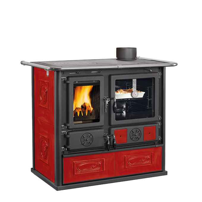 Cast iron wood cook stove with red majolica panels, panoramic ceramic glass fire door, and enamel steel oven, ideal for Stoves, Cookstoves, Best Sellers, and All Stoves & Appliances collections.