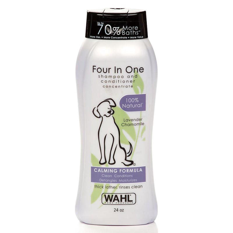 Plastic bottle of natural lavender chamomile dog shampoo and conditioner concentrate, offering calming formula with detangling and moisturizing benefits, featured in Grooming and Personal Hygiene and Pet Supplies collections.