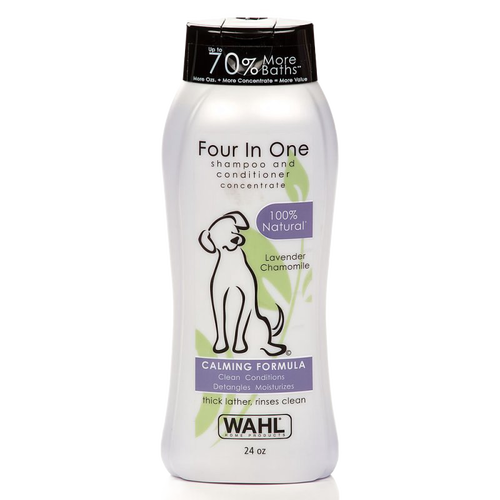 Plastic bottle of natural lavender chamomile dog shampoo and conditioner concentrate, offering calming formula with detangling and moisturizing benefits, featured in Grooming and Personal Hygiene and Pet Supplies collections.