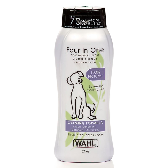 Plastic bottle of natural lavender chamomile dog shampoo and conditioner concentrate, offering calming formula with detangling and moisturizing benefits, featured in Grooming and Personal Hygiene and Pet Supplies collections.