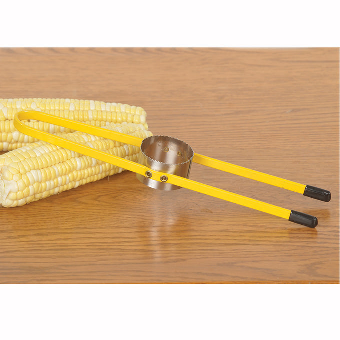 Corn stripper with stainless steel blade and yellow handles resting on wooden surface next to fresh ears of corn, perfect for Kitchen & Food, Food Prep, Choppers and Cutters, Food Preservation, Freezing, Best Sellers, and Promo Eligible collections.