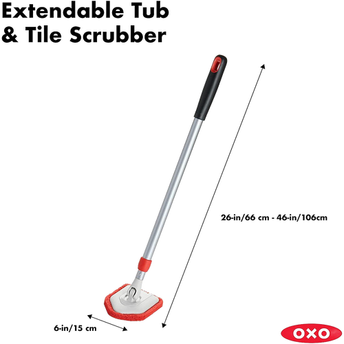 Extendable scrubber with a pivoting antimicrobial abrasive head and ergonomic black handle with red accents, designed for deep cleaning tubs and tiles in Home & Decor, Household Cleaning, and Cleaning Utensils collections.