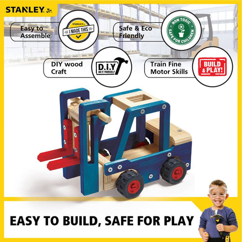 Handcrafted wooden forklift toy kit with blue and natural wood tones, red plastic wheels, designed for indoor play, fine motor skills, and arts and crafts collections.