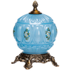 Handcrafted blue glass electric light with painted daisy design and vintage-style brass base, made in USA, featured in Home & Decor and Lamps & Lighting collections.