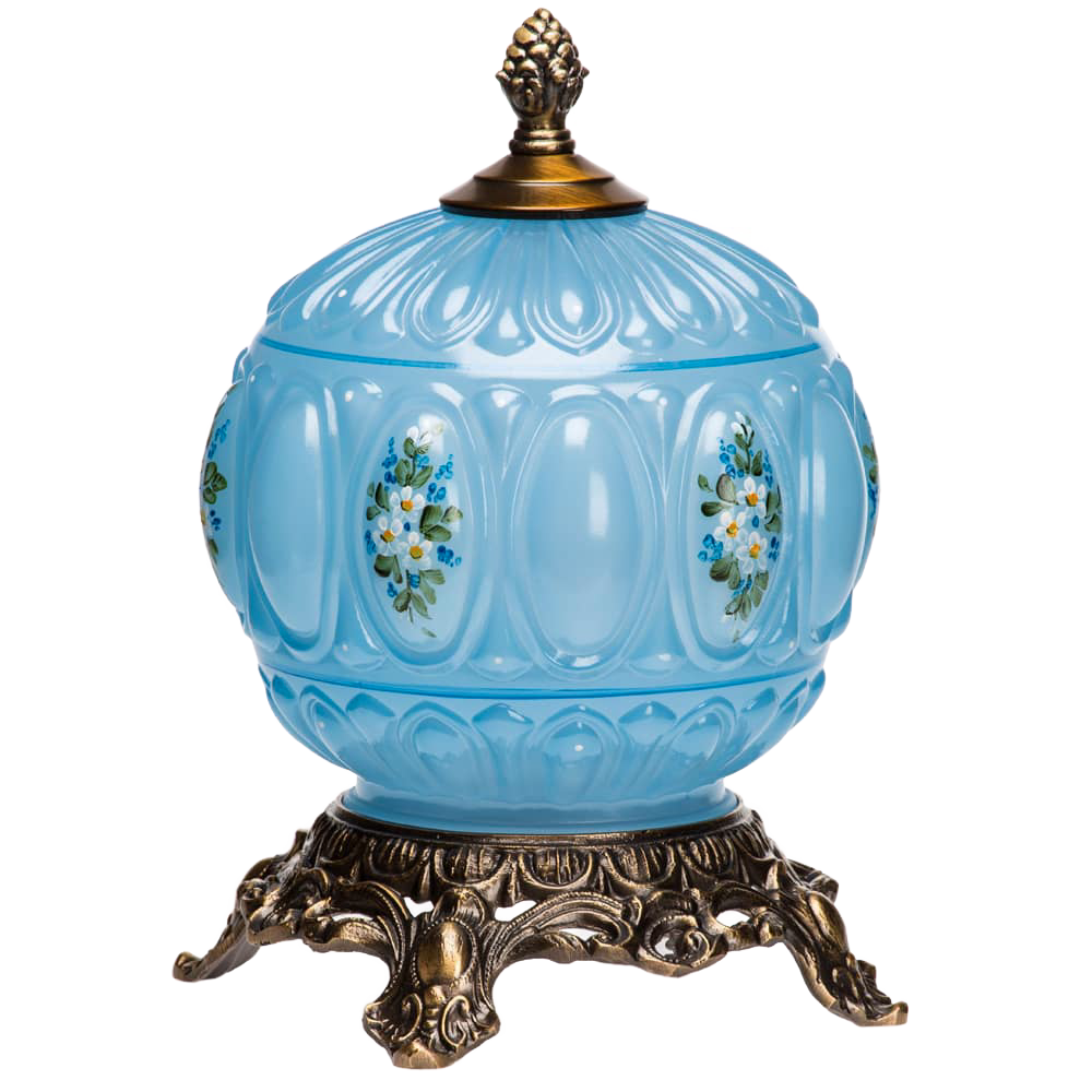 Handcrafted blue glass electric light with painted daisy design and vintage-style brass base, made in USA, featured in Home & Decor and Lamps & Lighting collections.