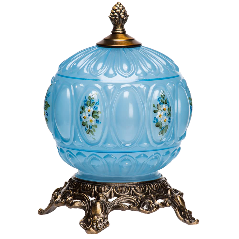 Handcrafted blue glass electric light with painted daisy design and vintage-style brass base, made in USA, featured in Home & Decor and Lamps & Lighting collections.