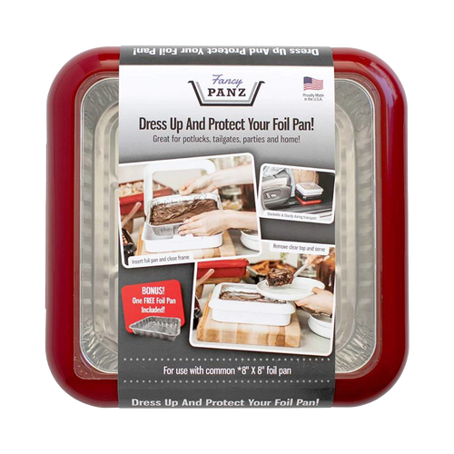 Red Fancy Panz travel cover designed for 8x8 foil pans with removable clear window, sturdy frame, and made in USA for Kitchen & Food, Storage and Serving, Kitchen Gadgets collections.