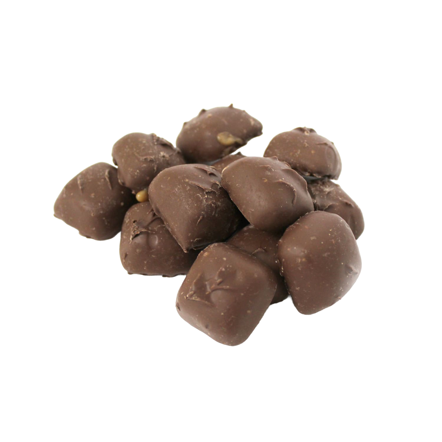 Pile of sugar-free chocolate-covered vanilla caramel candies with smooth coating, handcrafted in the USA, featured in Kitchen & Food, Snacks and Sweets, and Candy collections.