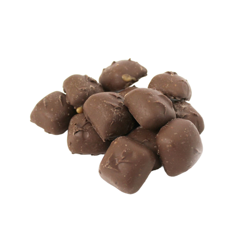 Pile of sugar-free chocolate-covered vanilla caramel candies with smooth coating, handcrafted in the USA, featured in Kitchen & Food, Snacks and Sweets, and Candy collections.