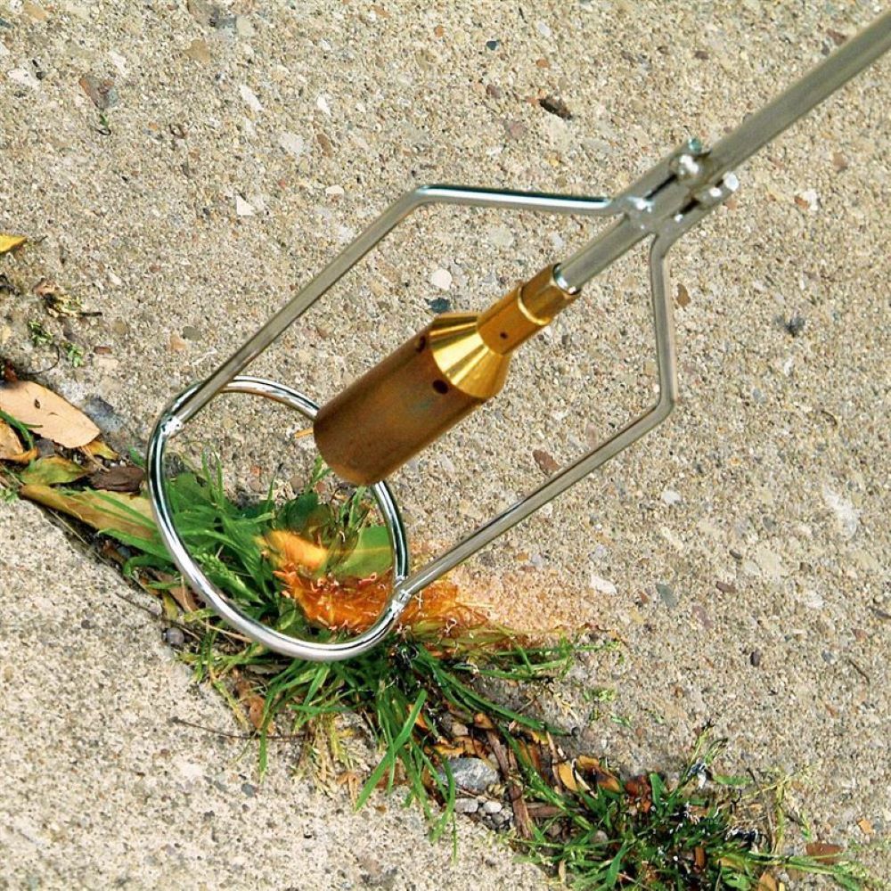 Handheld yard and garden torch with durable nickel-plated steel and brass burner used to safely eliminate weeds between driveway cracks, featured in Farm, Garden & Tool and Lawncare collections.