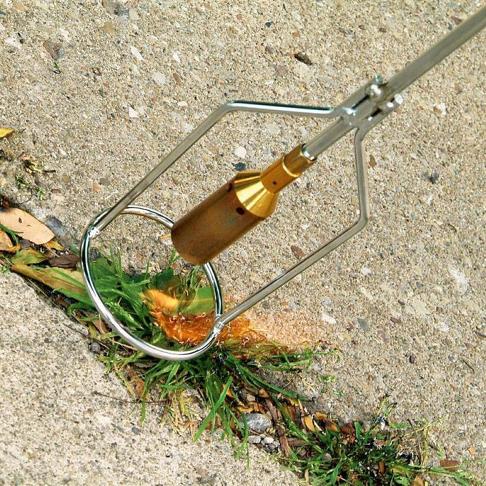 Handheld yard and garden torch with durable nickel-plated steel and brass burner used to safely eliminate weeds between driveway cracks, featured in Farm, Garden & Tool and Lawncare collections.