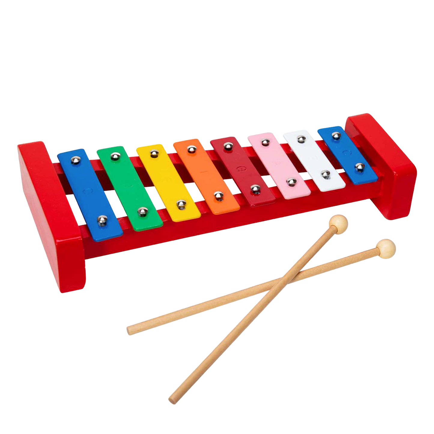 Brightly colored handcrafted wooden xylophone with eight metal keys and two wooden mallets, designed for children's indoor play and educational fun in Toys, Books & Games collections.