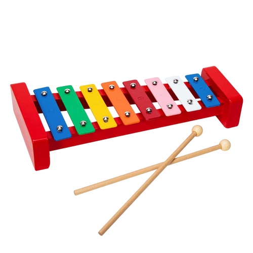 Brightly colored handcrafted wooden xylophone with eight metal keys and two wooden mallets, designed for children's indoor play and educational fun in Toys, Books & Games collections.