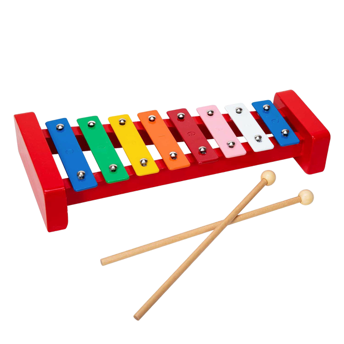 Brightly colored handcrafted wooden xylophone with eight metal keys and two wooden mallets, designed for children's indoor play and educational fun in Toys, Books & Games collections.