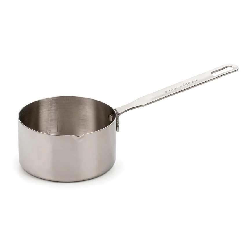Heavy-duty stainless steel measuring pan with interior volume markings and a long handle, designed for stovetop use and ideal for Kitchen & Food, Cookware, Baking Supplies, Food Prep, Measuring, Best Sellers, and Promo Eligible collections.
