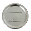 Silver-colored metal canning lid for regular-mouth jars, featuring black lines for labeling, designed for food preservation and kitchen use in canning collections.