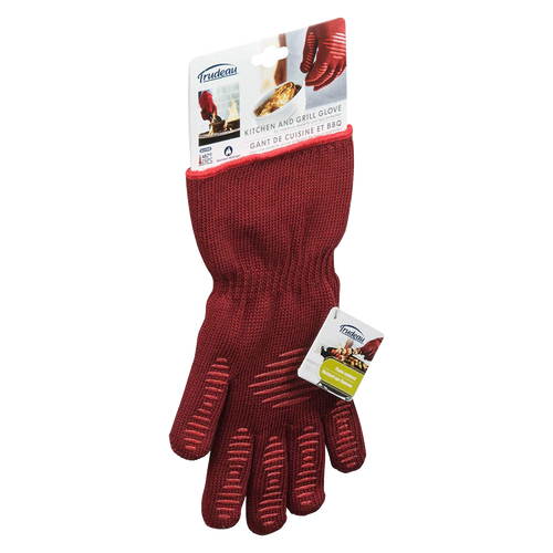 Red heat-resistant cooking glove with textured silicone grip, designed for secure handling at the oven or grill; featured in Kitchen & Food, Stoves, Grilling, and Best Sellers collections.