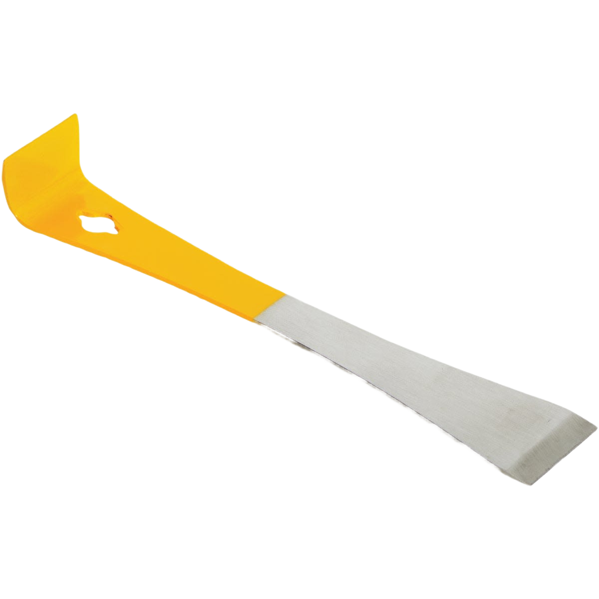 Yellow and metal beekeeping tool with angled end for prying hive frames and beveled edge for scraping wax, featuring a nail pulling hole, ideal for farm and garden use.