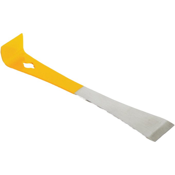 Yellow and metal beekeeping tool with angled end for prying hive frames and beveled edge for scraping wax, featuring a nail pulling hole, ideal for farm and garden use.
