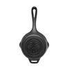 Heavy-duty cast iron saucepan with self-basting lid, featuring embossed design on bottom and extended handle, ideal for camping, farm, garden, and outdoor cooking.