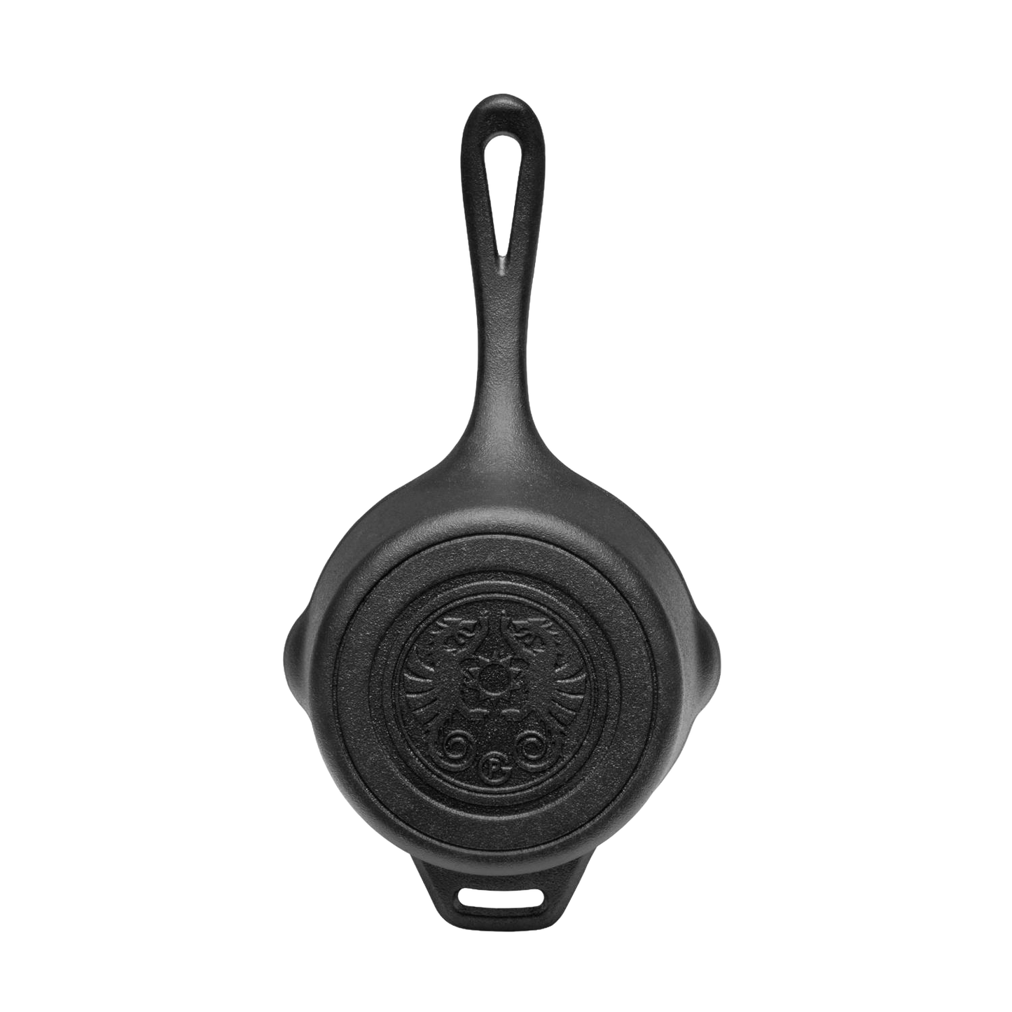 Heavy-duty cast iron saucepan with self-basting lid, featuring embossed design on bottom and extended handle, ideal for camping, farm, garden, and outdoor cooking.