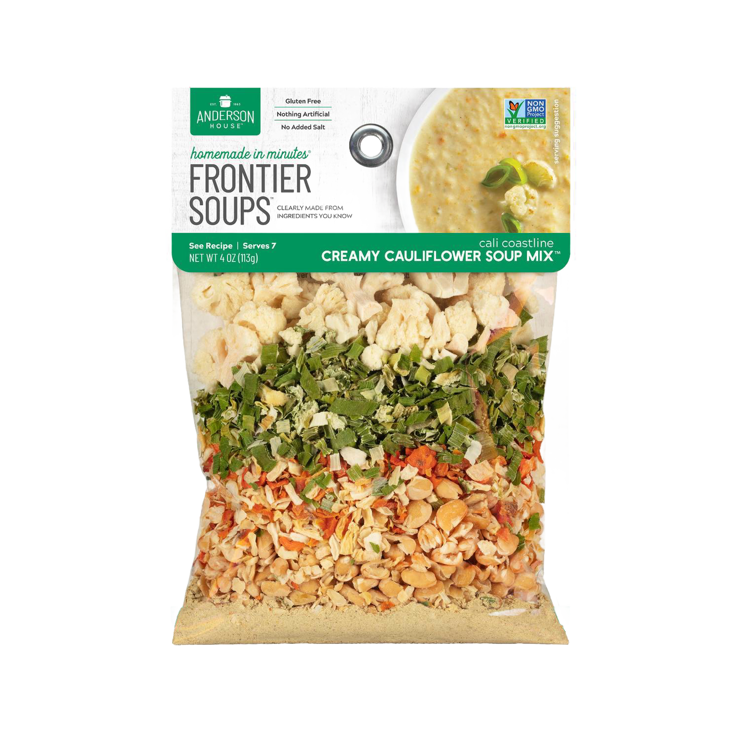 Clear bag of handcrafted gluten-free soup mix featuring natural dried cauliflower, herbs, and vegetables for a creamy cauliflower flavor; part of Kitchen & Food, Pantry, Dry Goods and Mixes, Soups, Best Sellers, and Promo Eligible collections.