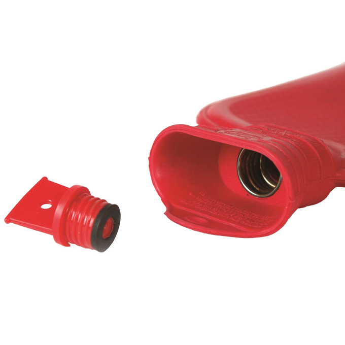Red classic rubber hot water bottle with removable screw cap showing durable natural rubber design, ideal for Health & Wellness, Health Remedies, Best Sellers, and Promo Eligible collections.