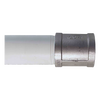 Metal drop pipe connector attached to white PVC pipe, handcrafted and made in USA, designed for deep well pump installations and compatible with water pump parts and tools collections.