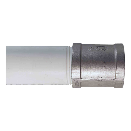 Metal drop pipe connector attached to white PVC pipe, handcrafted and made in USA, designed for deep well pump installations and compatible with water pump parts and tools collections.
